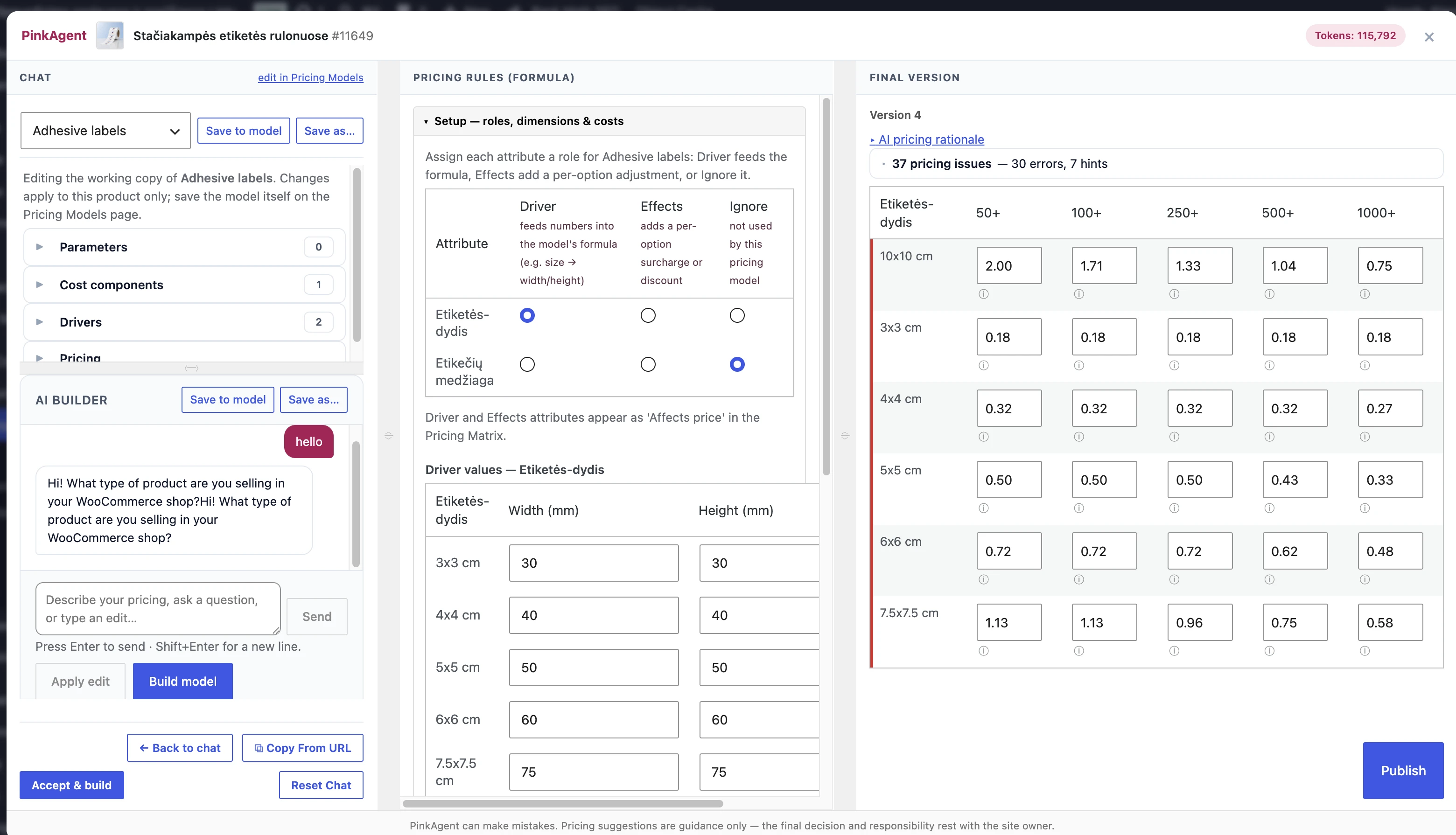 PinkAgent AI pricing proposal requiring the merchant to review and explicitly apply changes