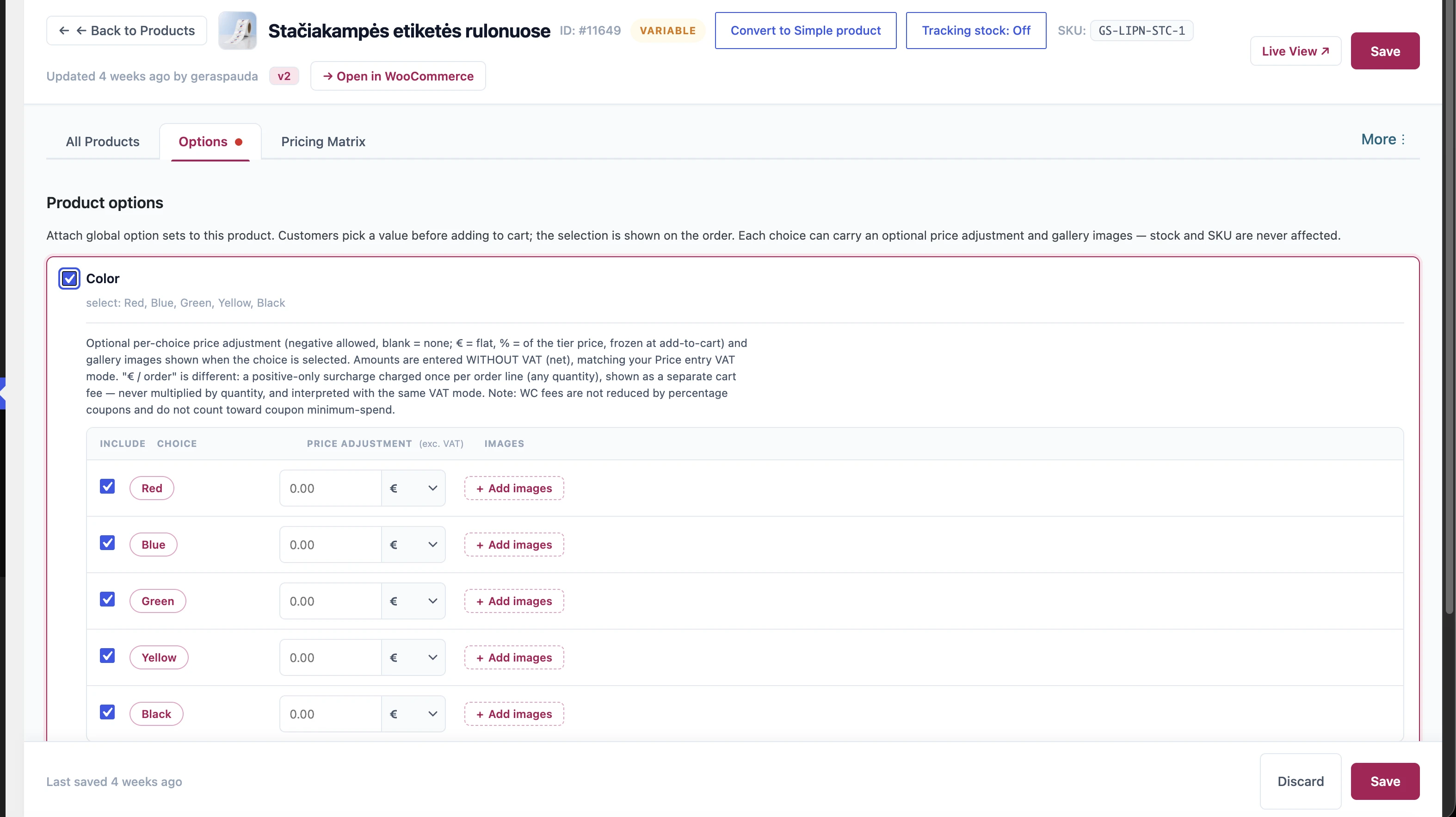 WooCommerce product page showing configurable product options and their pricing controls