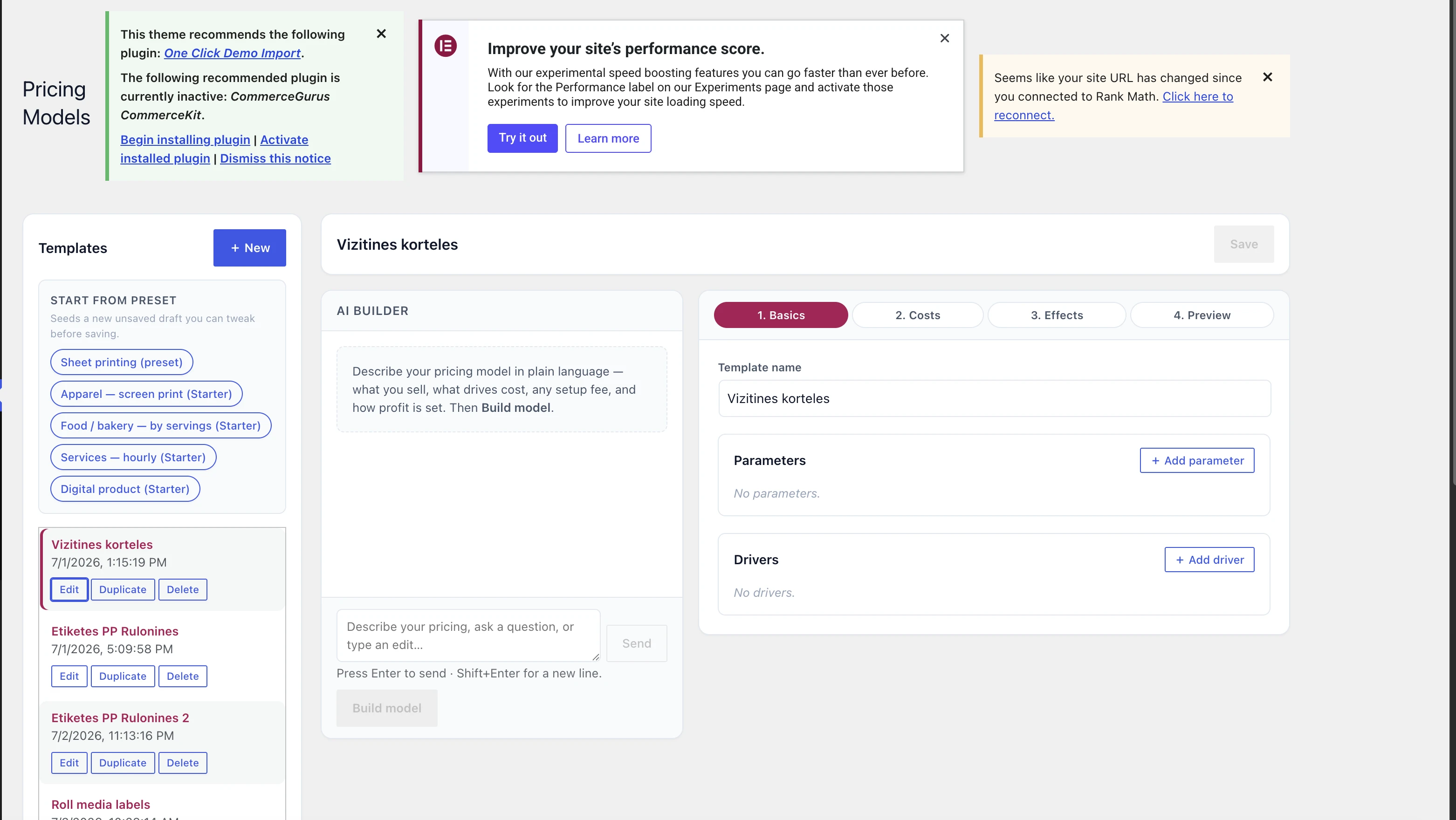PinkAgent pricing model library showing reusable model presets and editable inputs