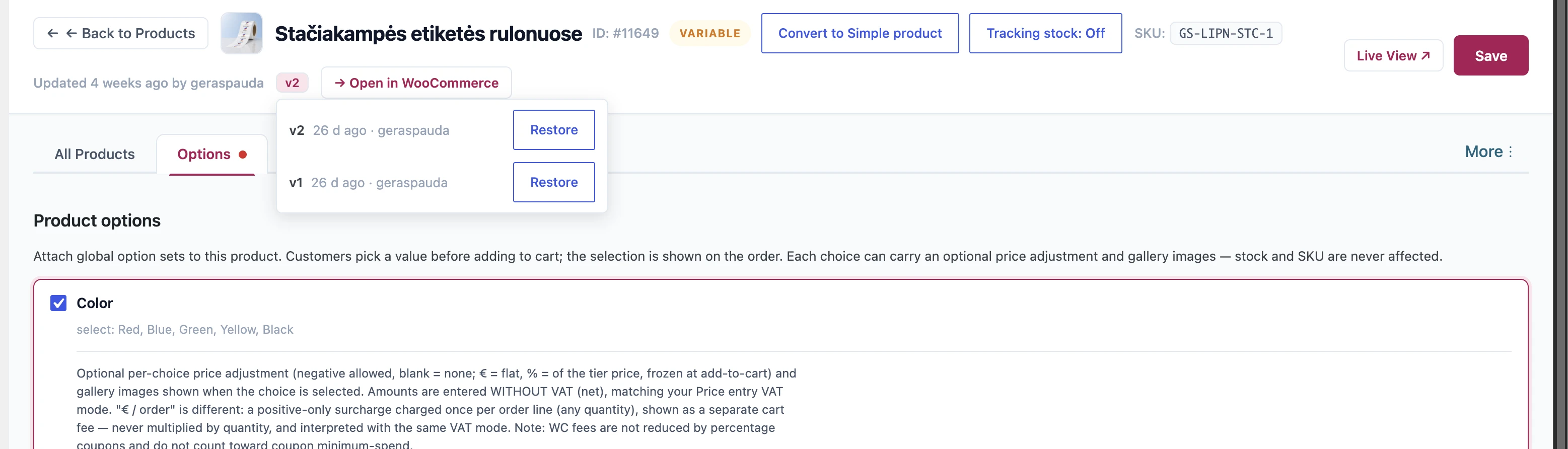 PinkAgent product editor showing pricing tiers, matrix controls, and version history