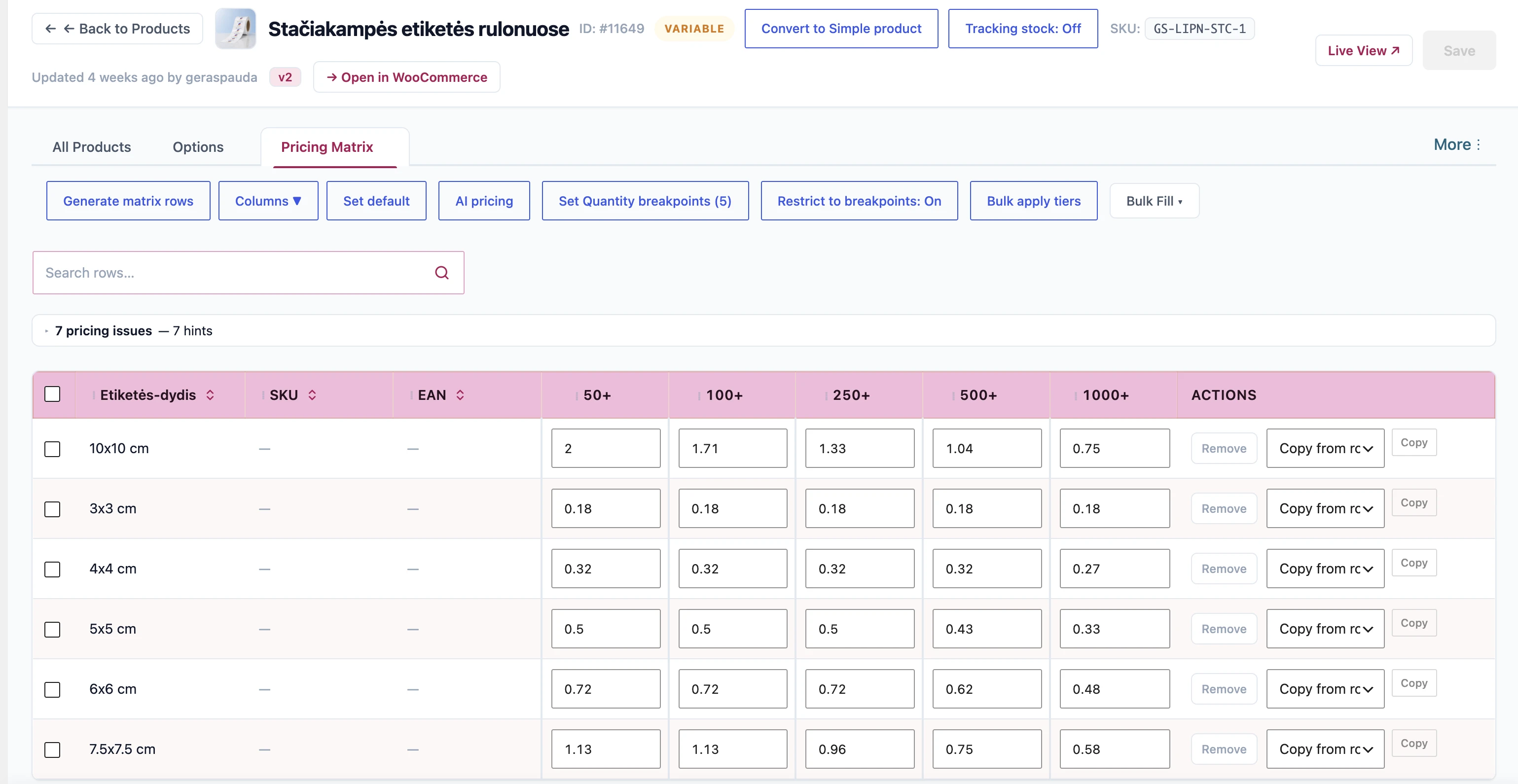WooCommerce variable product page showing PinkAgent variation selection and a quantity pricing matrix